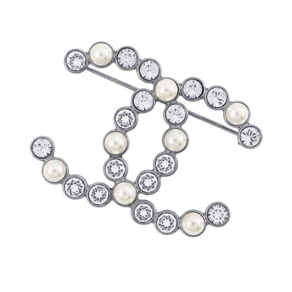 CHANEL Jewelry - CHANEL Black Pearl Logo Brooch